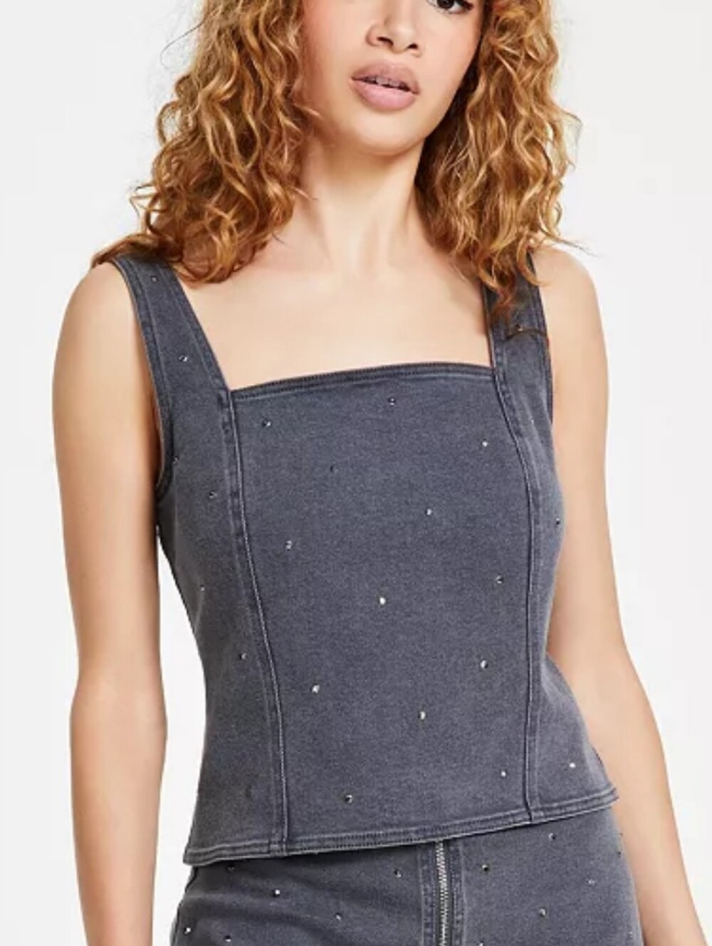 Bar III Studded Denim Top Gray Sleeveless Zip Back XL Y2K Moto